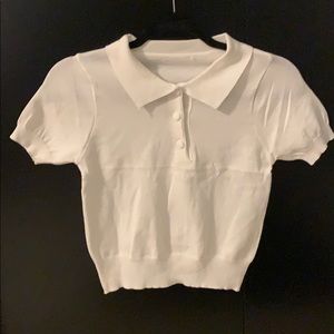 Cute White Crew Neck Button Up Collared Shirt